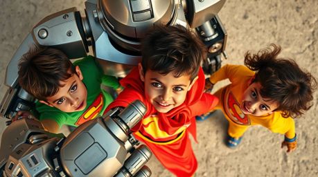 A captivating high-resolution stock photo depicts three uniquely costumed superpowered children battling a metallic robot fro