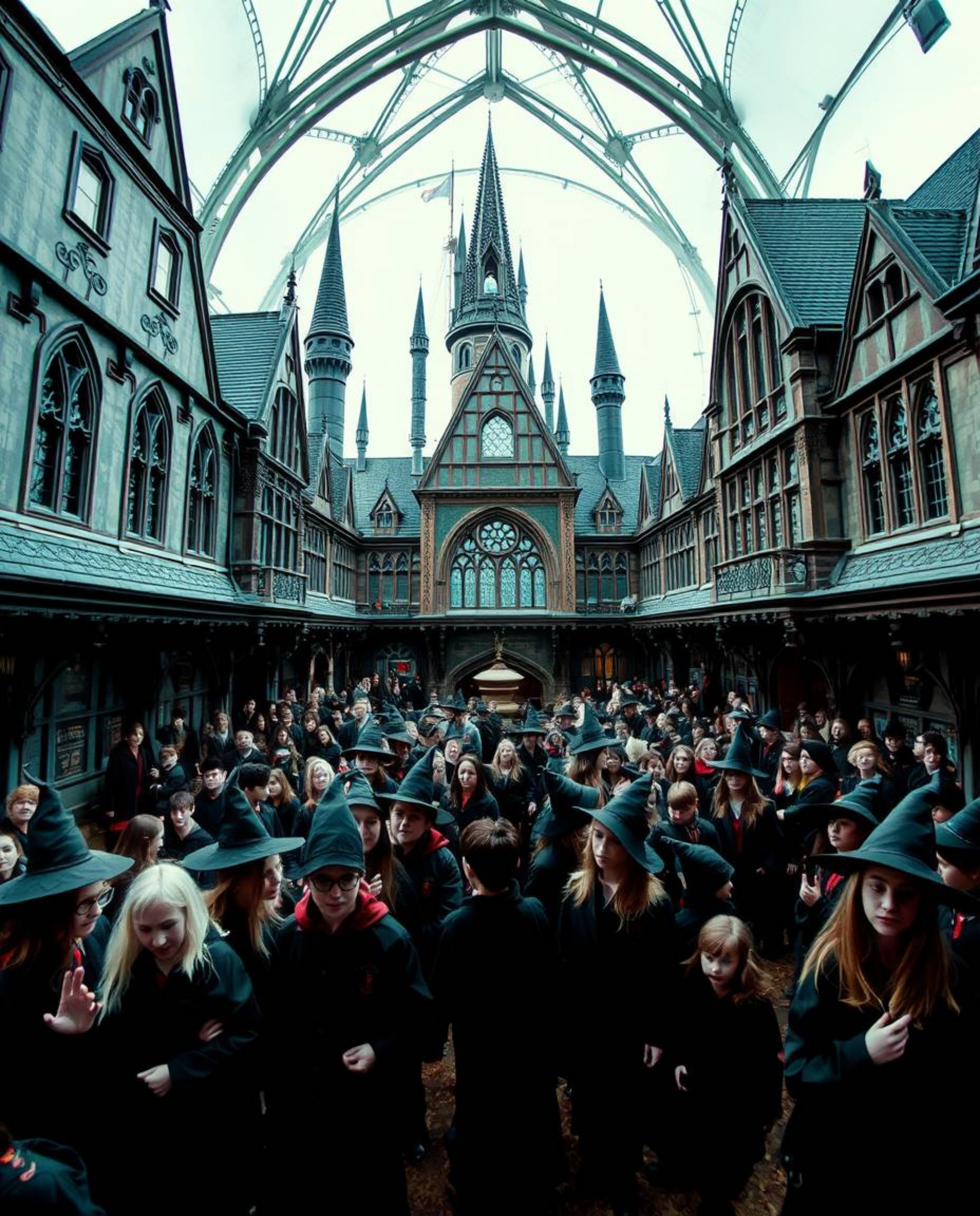 A captivating photograph showcases a magical school brimming with young wizards.  The image boasts precise architectural deta