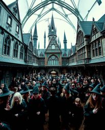 A captivating photograph showcases a magical school brimming with young wizards.  The image boasts precise architectural deta