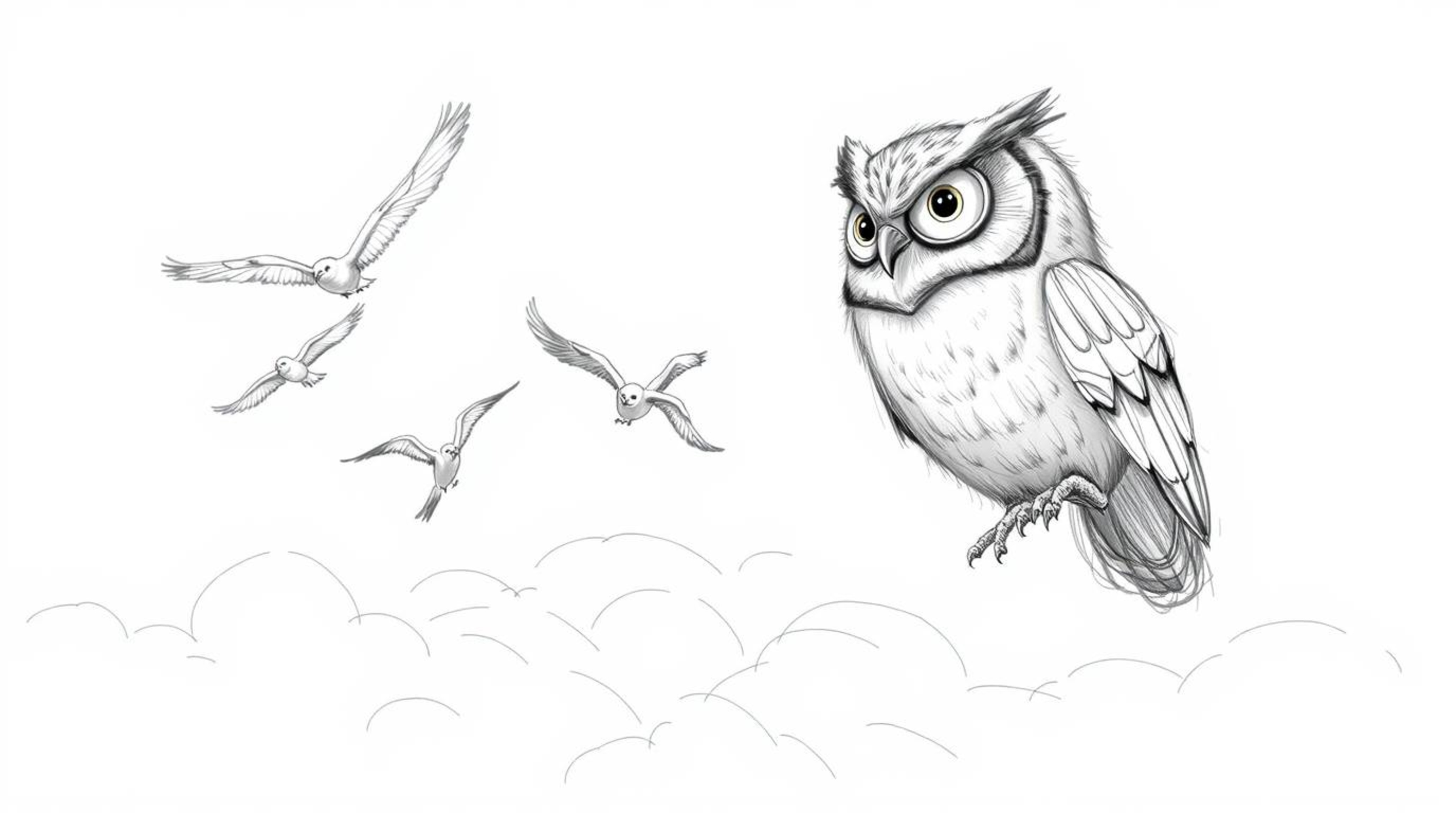 A heartwarming sketch depicts a blind owl, rendered in a charming Pixar style, with kind eyes and soft, detailed feathers. Th