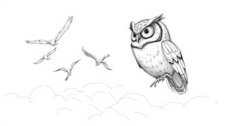 A heartwarming sketch depicts a blind owl, rendered in a charming Pixar style, with kind eyes and soft, detailed feathers. Th