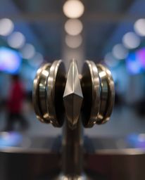 Experience the mesmerizing visual of blurred bokeh effects contrasting sharply with distinct metallic shapes.  These smooth, 