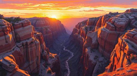 This bold acrylic painting captures the breathtaking beauty of a rocky canyon bathed in the warm, vibrant hues of a setting s