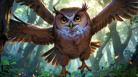 In an enchanting and magical scene, beautifully rendered in a captivating blend of Pixar and anime styles, a wise blind owl g