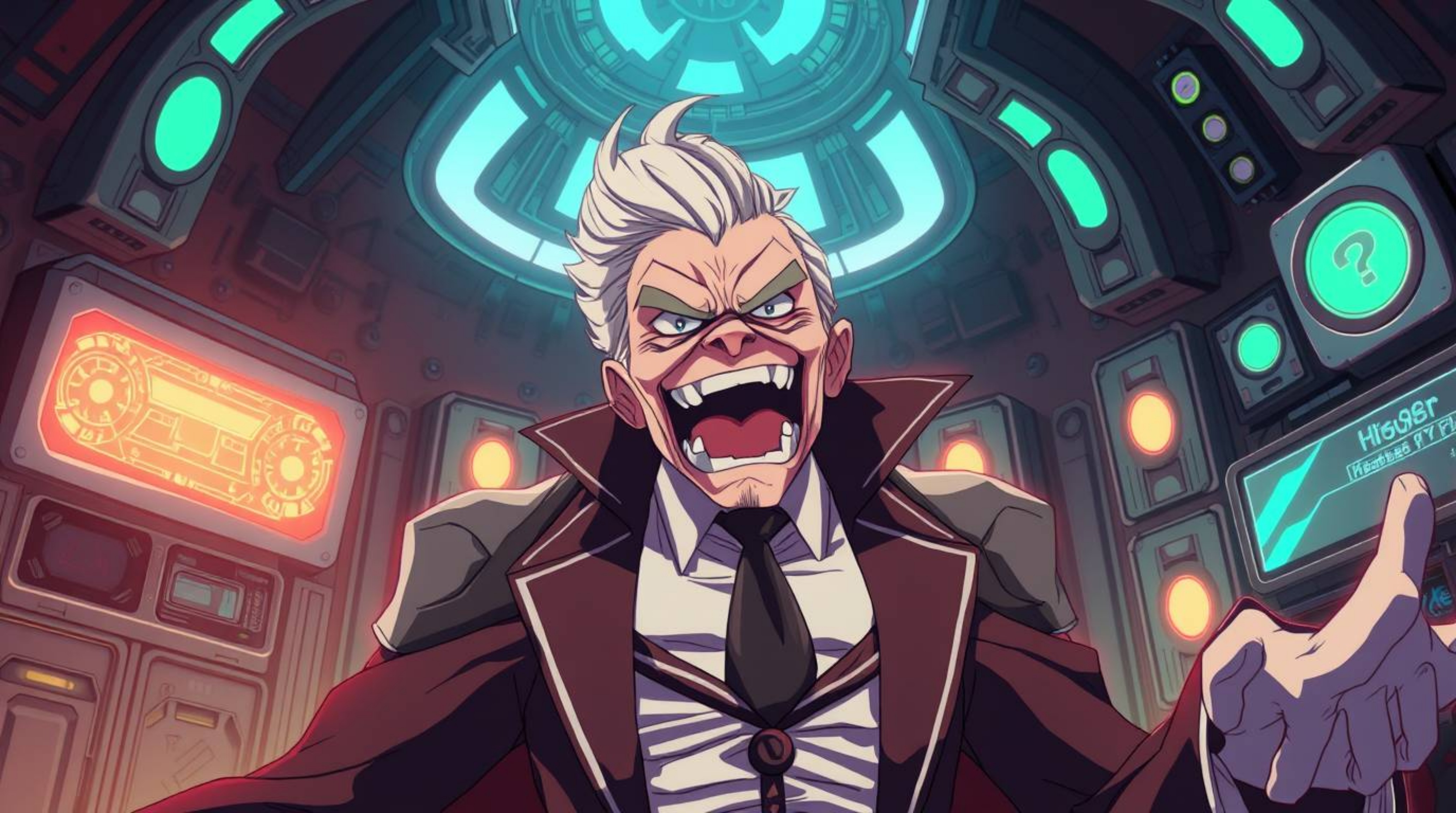 Witness a hilarious isekai anime scene of a villain experiencing a spectacular emotional breakdown within their advanced tech