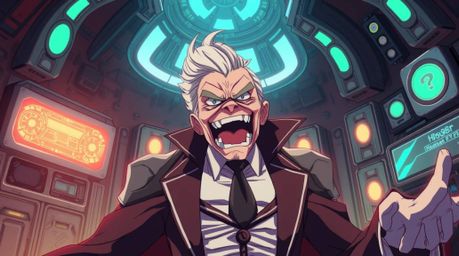Witness a hilarious isekai anime scene of a villain experiencing a spectacular emotional breakdown within their advanced tech