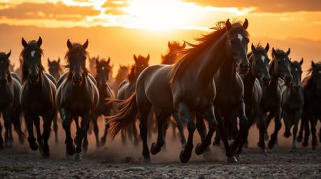 A breathtaking high-resolution stock photo captures a herd of intensely jet-black wild horses galloping across a landscape ba