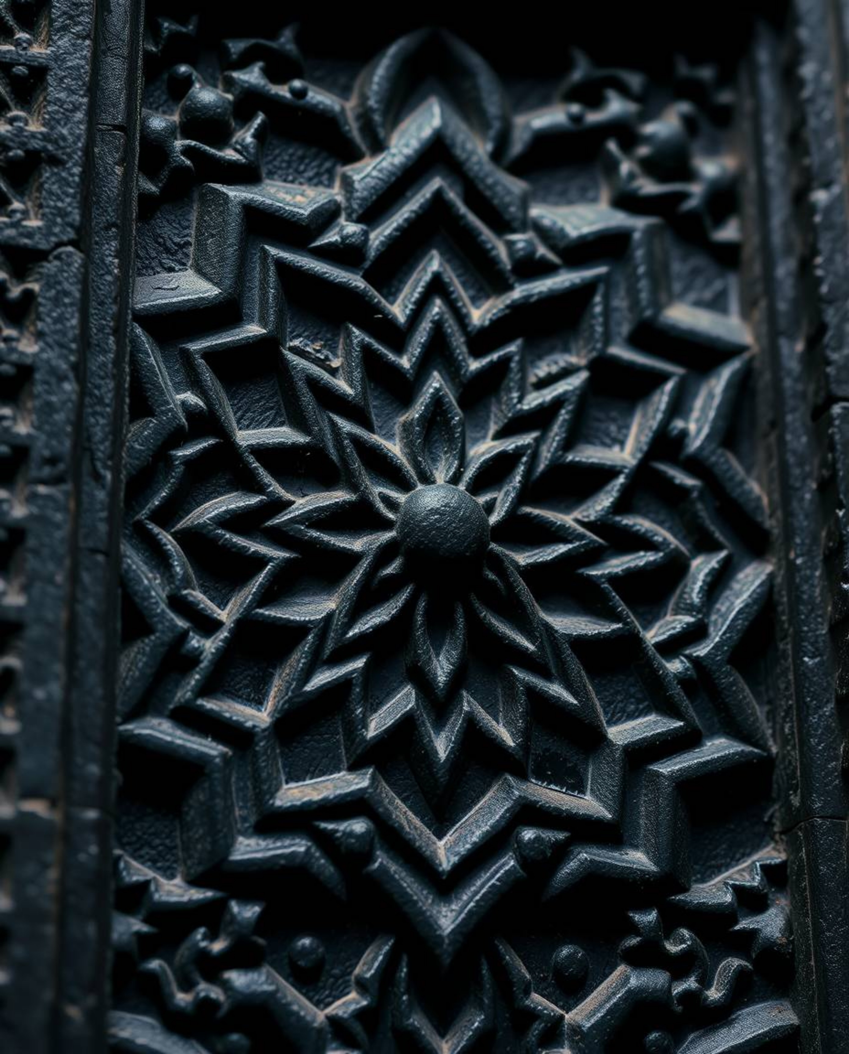 An extreme macro close-up image showcasing intense jet-black Islamic geometric stone carvings in an Isekai anime style, empha