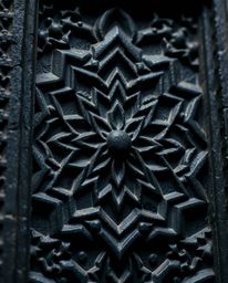 An extreme macro close-up image showcasing intense jet-black Islamic geometric stone carvings in an Isekai anime style, empha