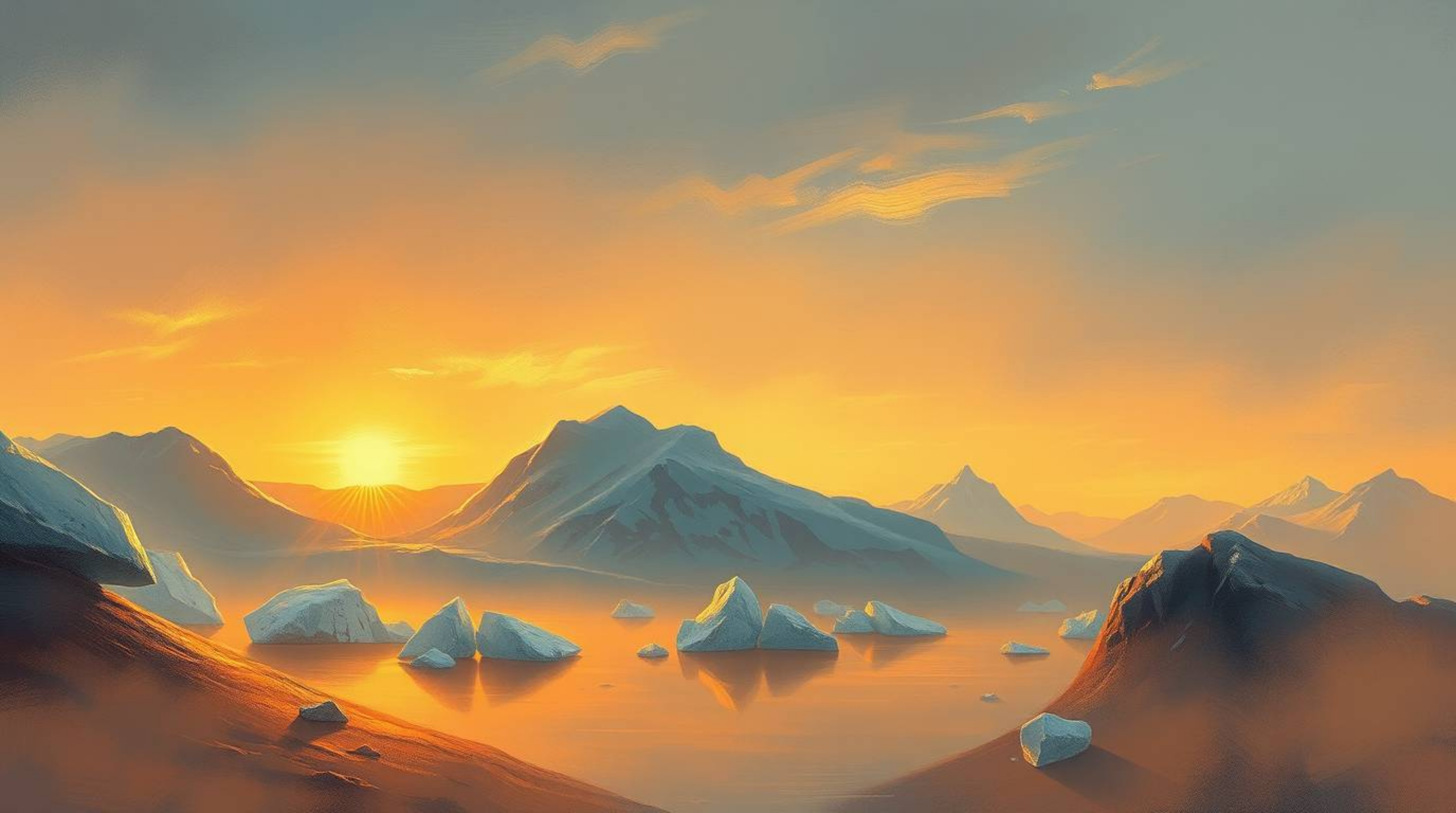 Experience the serene beauty of a classic oil painting depicting a breathtaking sunset over icy polar glaciers.  Rich texture