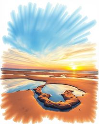 A high-angle, hand-drawn sketch captures a vibrant sunset sky mirrored in the serene tidal pools of a beach. This piece, crea