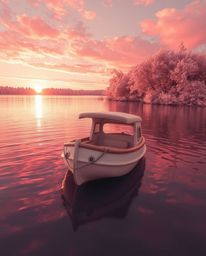 An adorable, charming boat is seen adrift on a lake at sunset, rendered in surreal infrared tones that create a distinctively