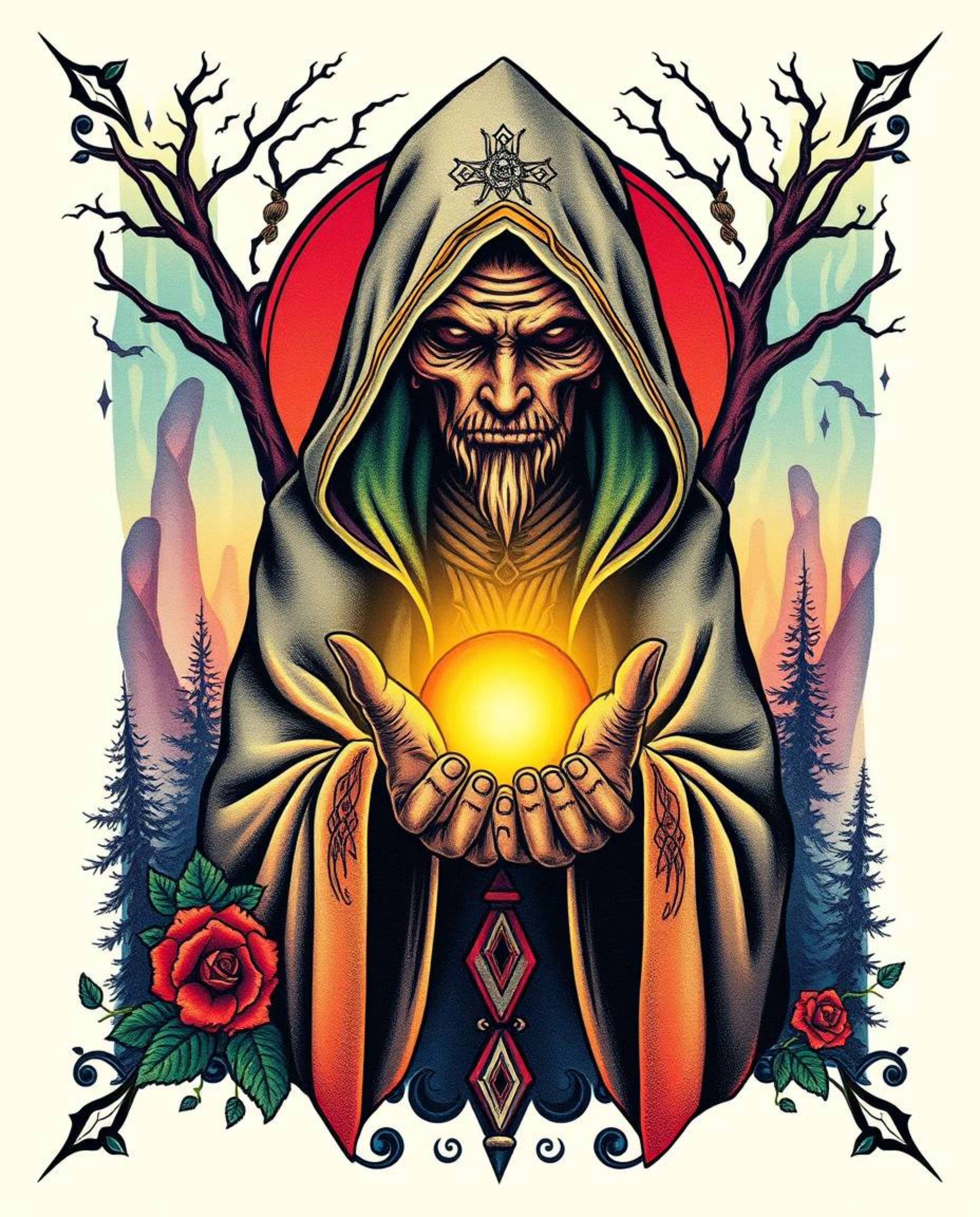 Explore a captivating collection of symbolic traditional tattoo art prints featuring a cloaked figure holding a glowing orb a