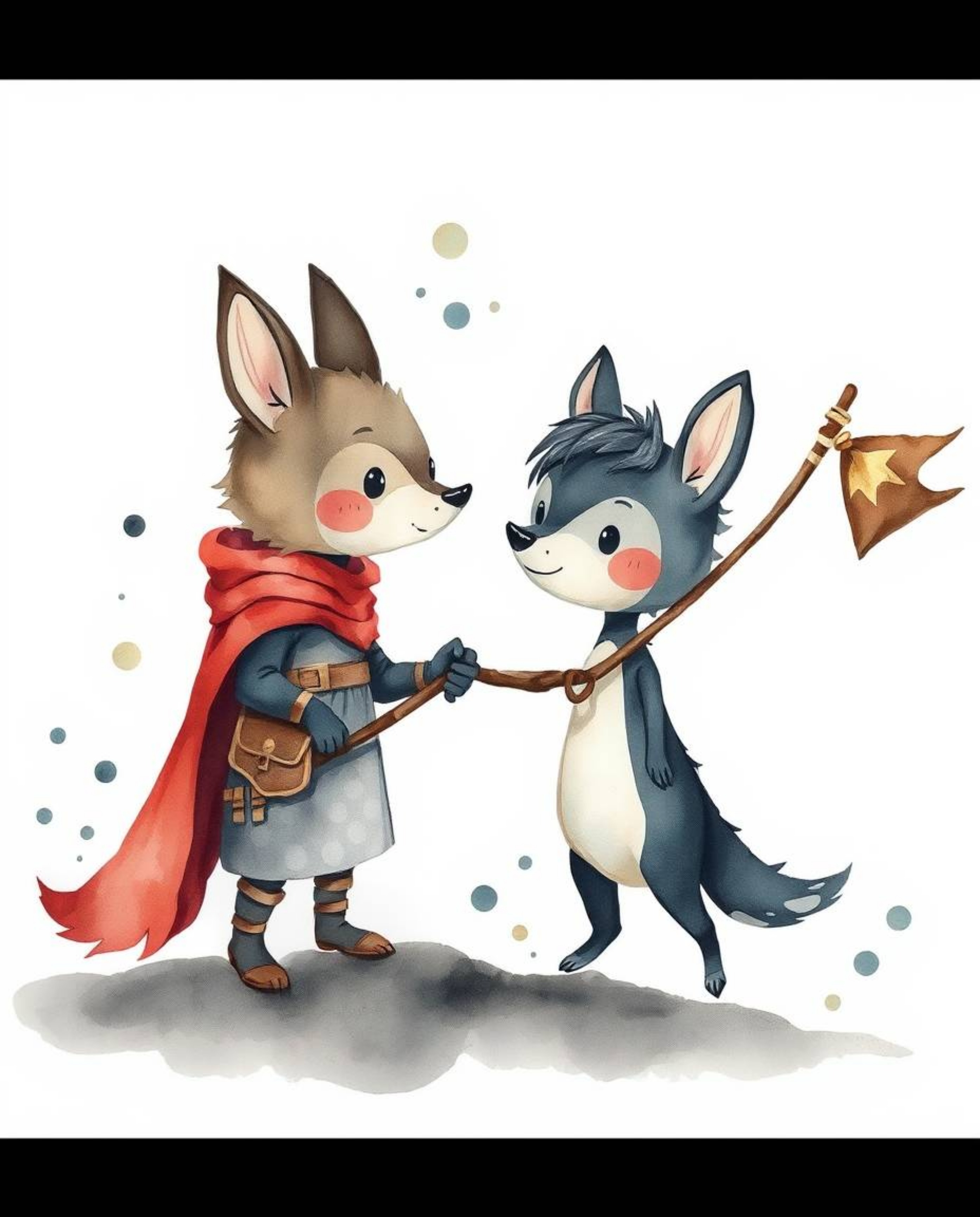A delicate watercolor painting depicting an adorable and charming talking animal sidekick assisting a hero on a thrilling jou