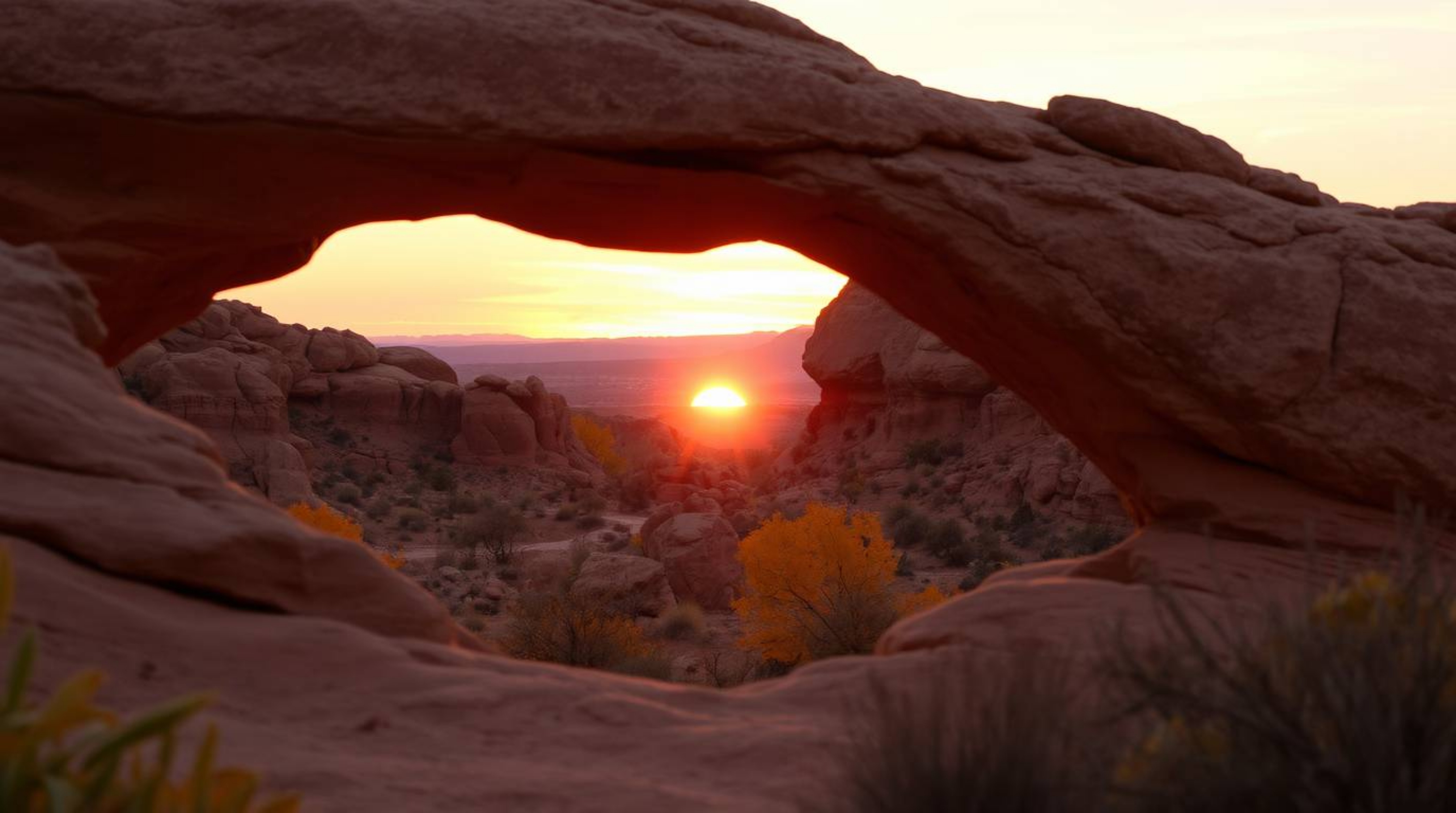 Experience the breathtaking beauty of a desert sunset framed by a natural rock arch, illuminated by warm autumn colors. This 