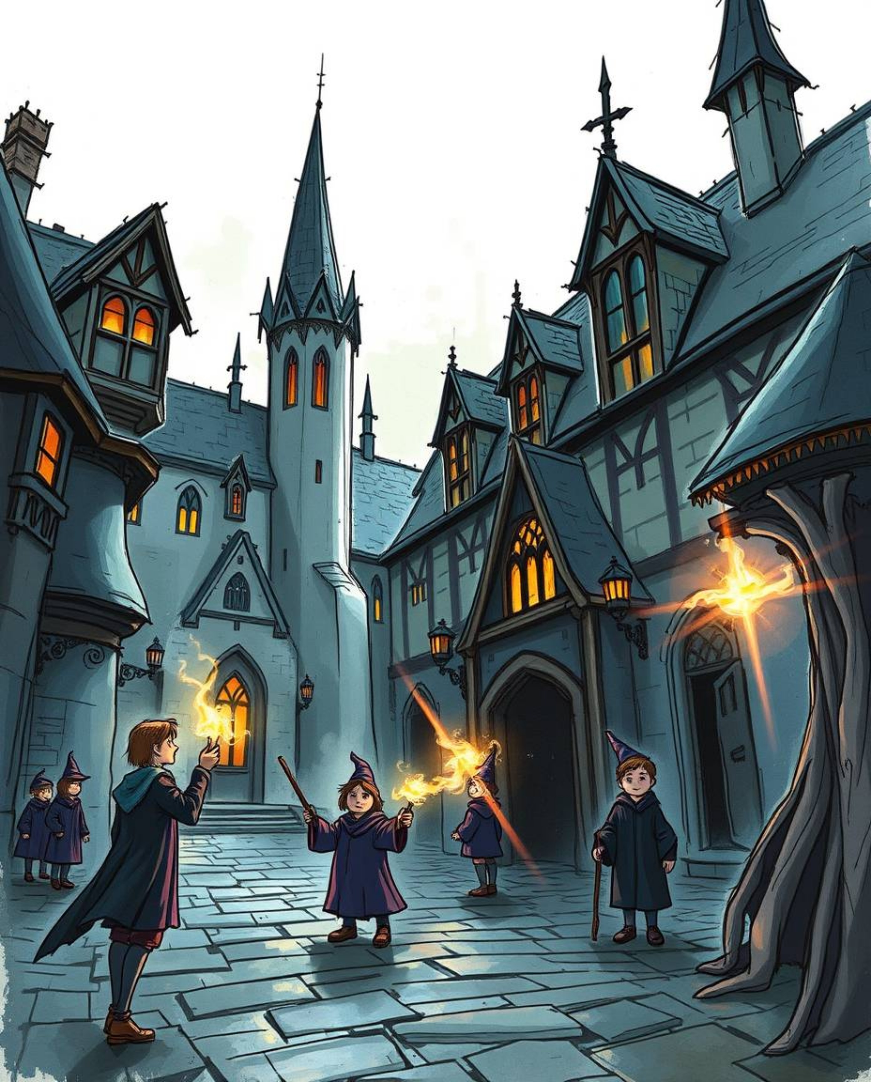 A captivating hand-drawn sketch depicting a magical school brimming with young wizards.  The eerie and creepy atmosphere is e