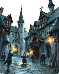 A captivating hand-drawn sketch depicting a magical school brimming with young wizards.  The eerie and creepy atmosphere is e