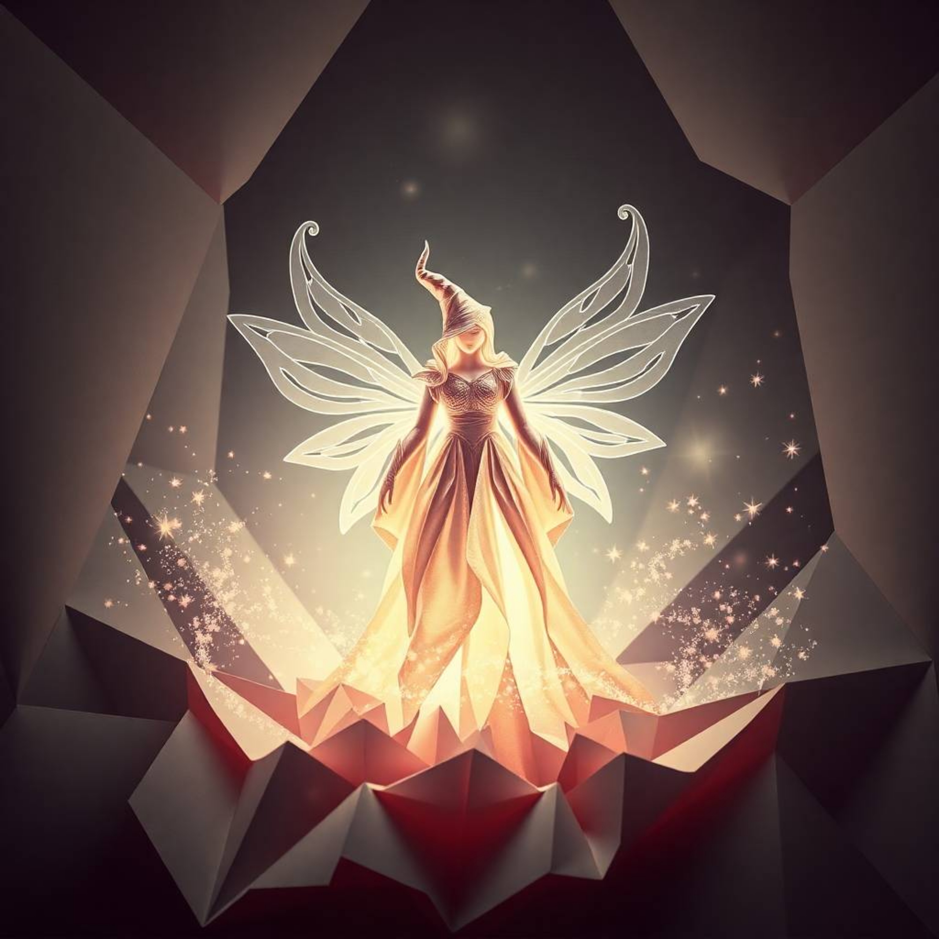 Explore a surreal landscape where intricate origami meets infrared tones. Witness a fairy godmother materialize from swirling