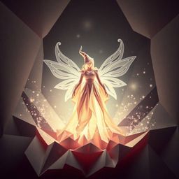 Explore a surreal landscape where intricate origami meets infrared tones. Witness a fairy godmother materialize from swirling