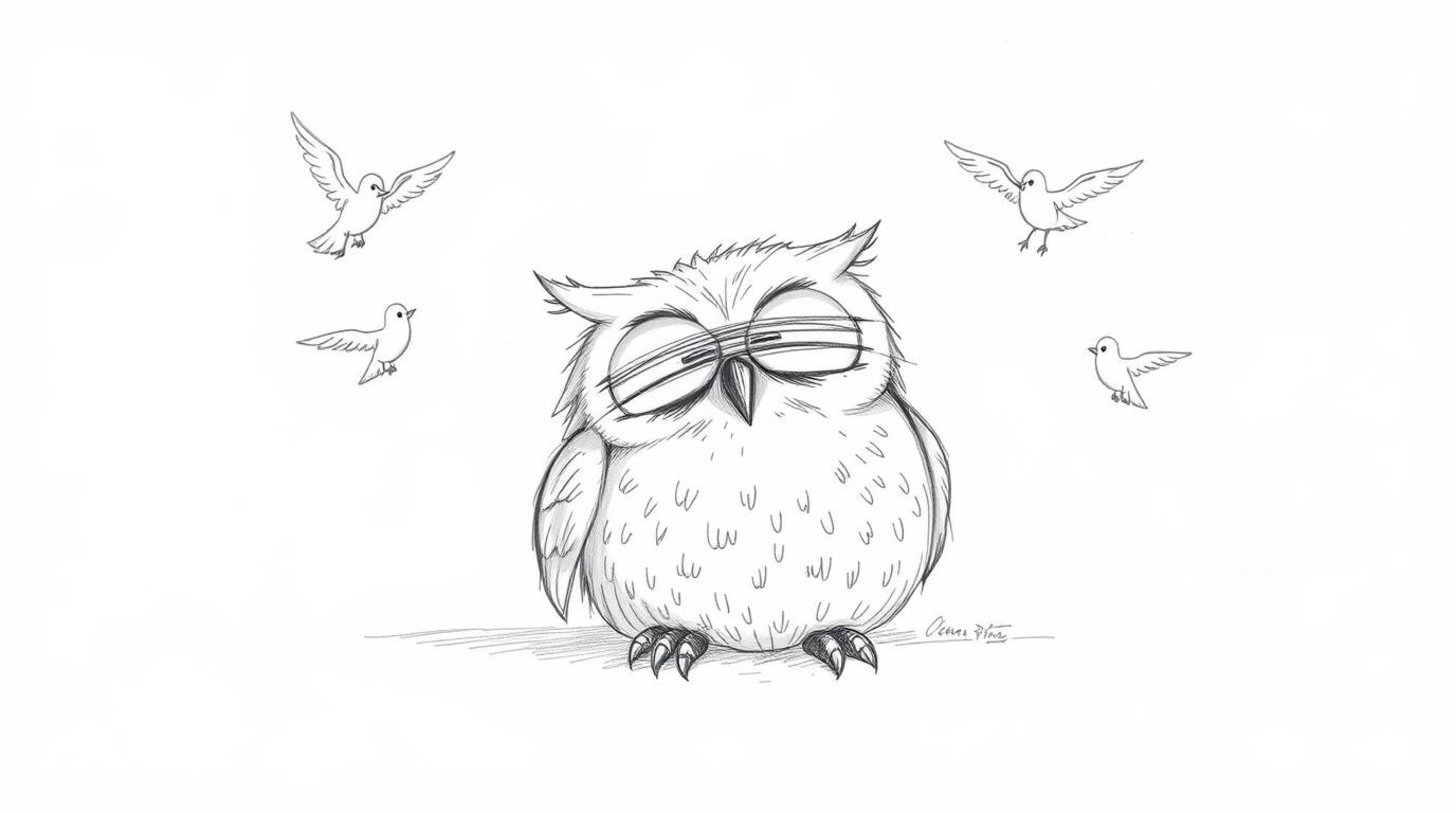 A heartwarming hand-drawn sketch in the style of Pixar depicts a gentle, blind owl resting peacefully on a white background, 