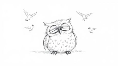A heartwarming hand-drawn sketch in the style of Pixar depicts a gentle, blind owl resting peacefully on a white background, 