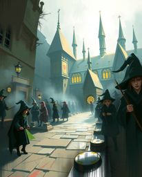 Discover a dynamic digital sketch of a magical school brimming with young wizards. Rendered in a painterly style with dramat