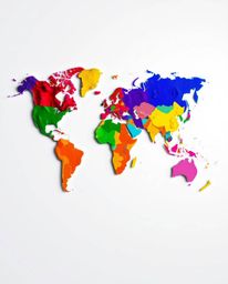 This artwork showcases a vibrant and dynamic world map abstract, meticulously crafted from bright and colorful splashes. The 