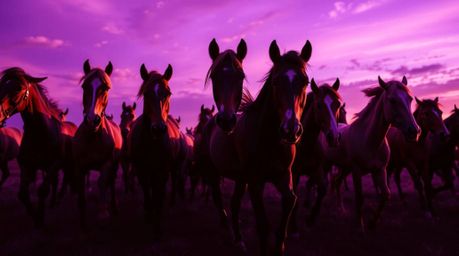 An extreme macro close-up captures a breathtaking scene of wild horses running freely under a glowing sky painted in deep ult