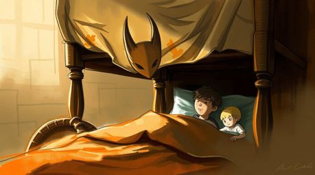 A heartwarming digital sketch depicts a surprising friendship blooming between a child and a monster lurking under the bed. U
