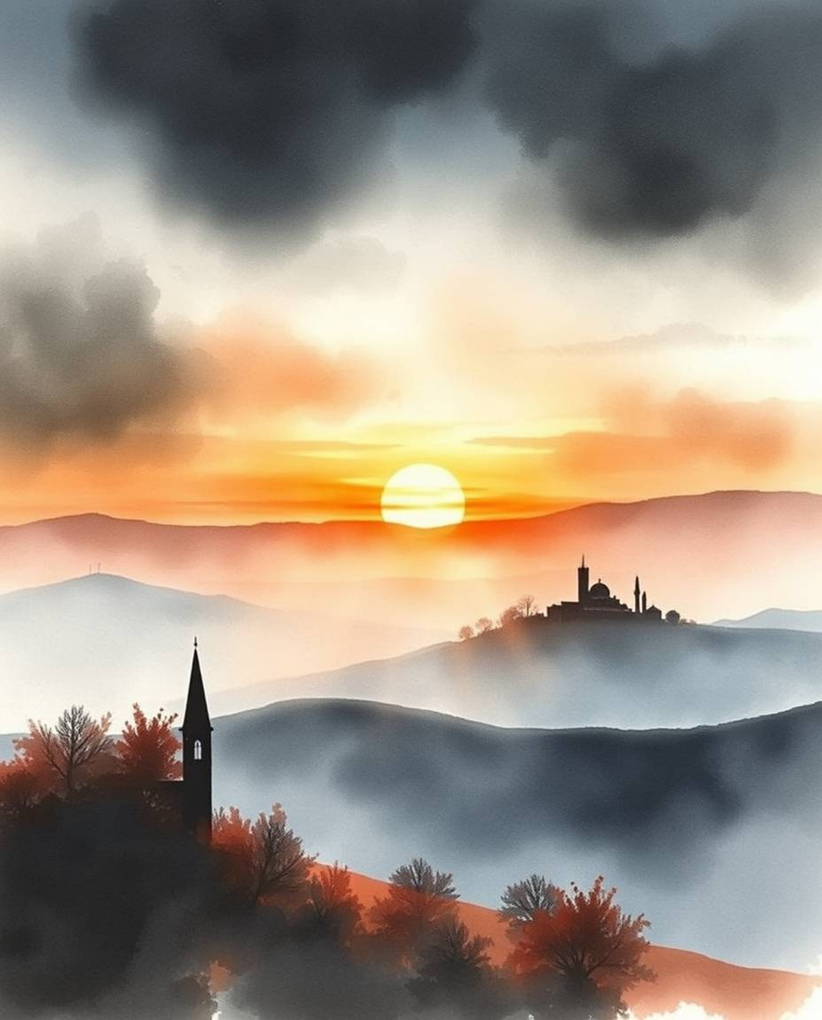 A delicate watercolor painting of a Tuscan sunset over misty hills, depicting an eerie atmosphere with intense dramatic light