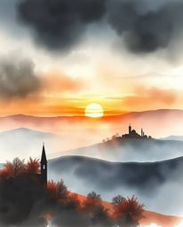 A delicate watercolor painting of a Tuscan sunset over misty hills, depicting an eerie atmosphere with intense dramatic light