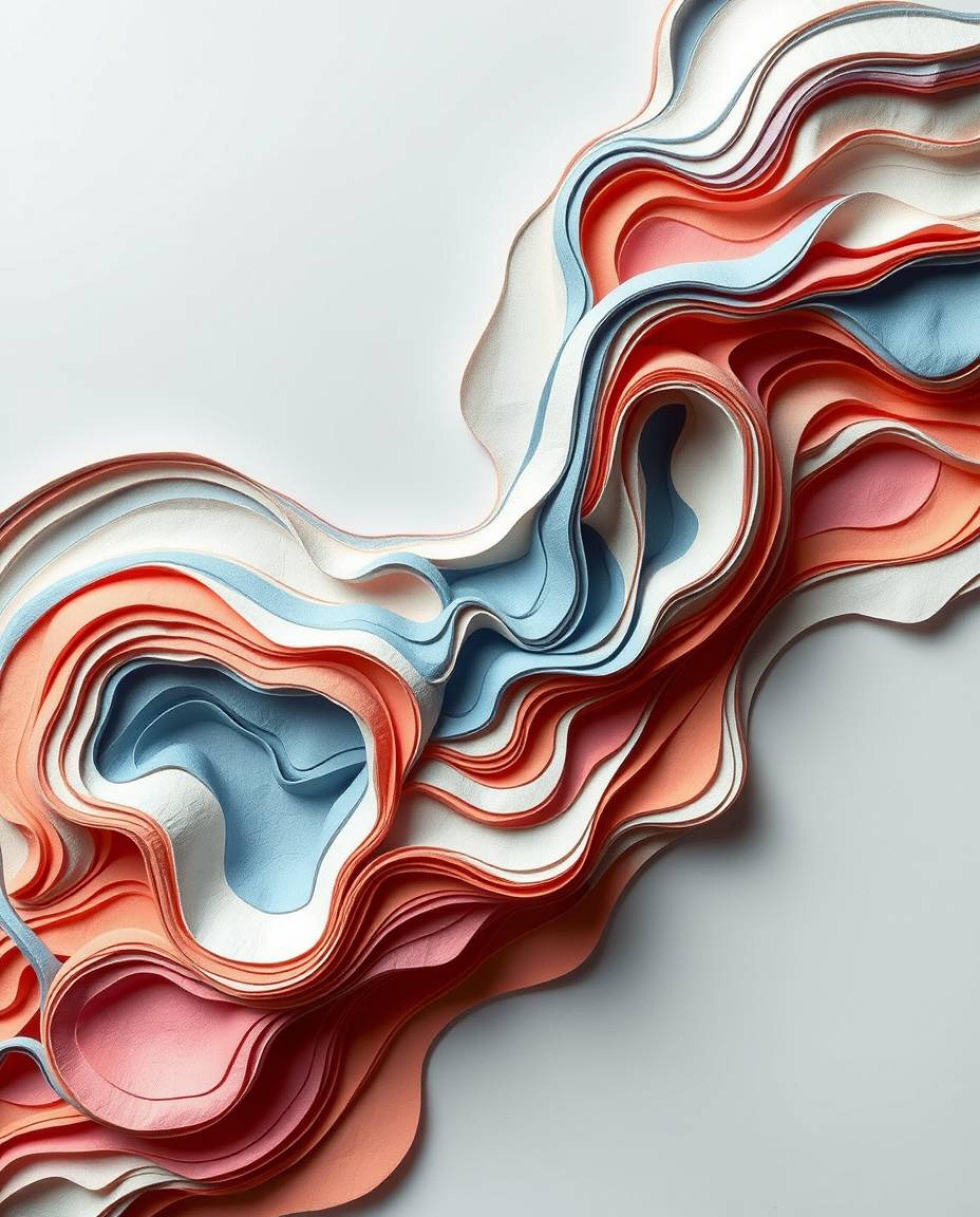 Explore a mesmerizing 3D illustration showcasing layered papier-mâché fluid shapes morphing in an endless loop. This artwork 