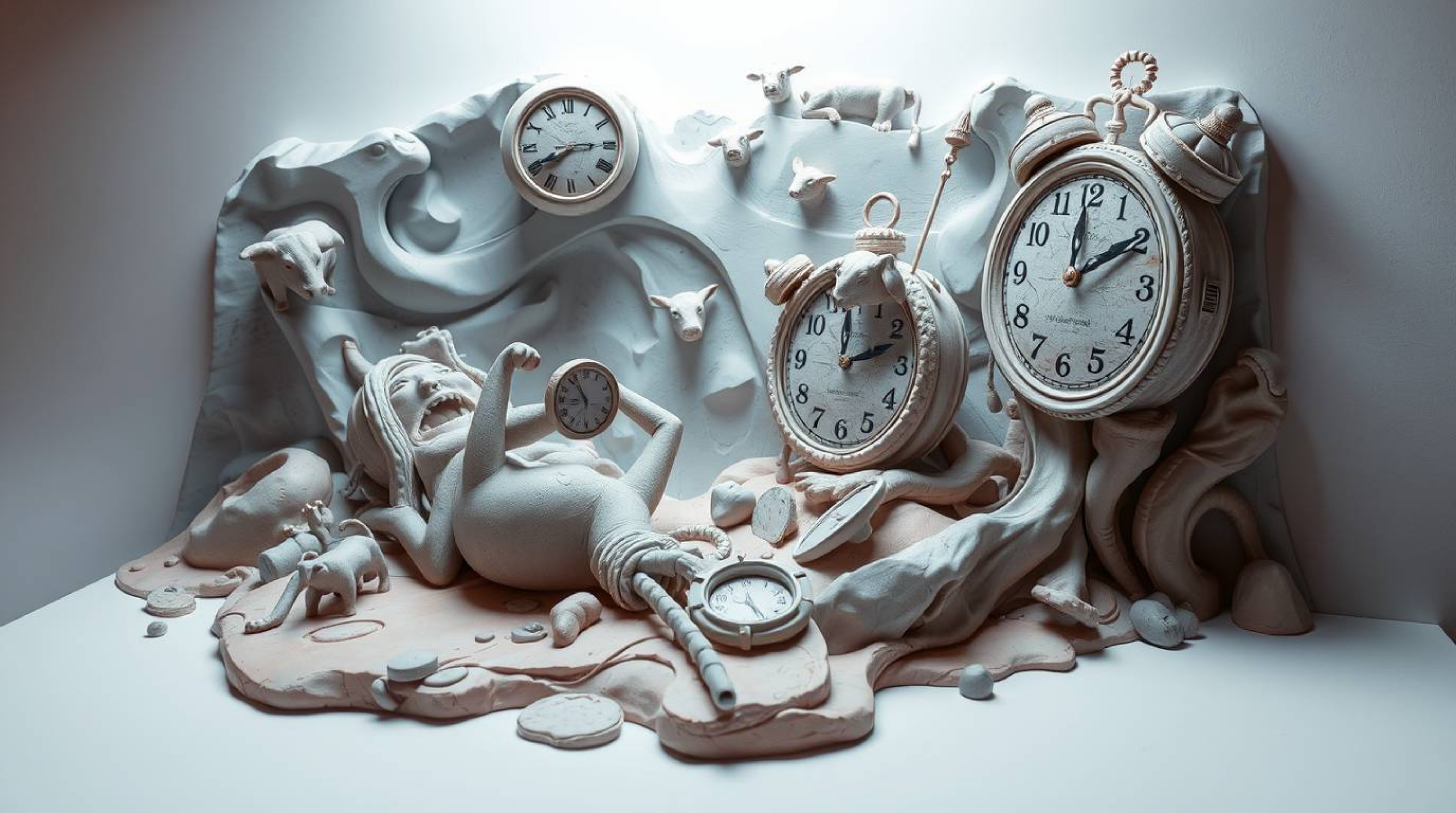 This unique clay sculpture depicts a surreal dreamscape featuring melting clocks and floating cows.  The piece evokes an ethe