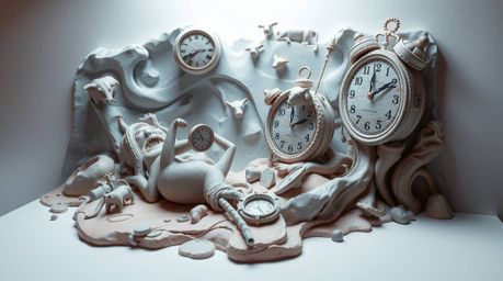This unique clay sculpture depicts a surreal dreamscape featuring melting clocks and floating cows.  The piece evokes an ethe