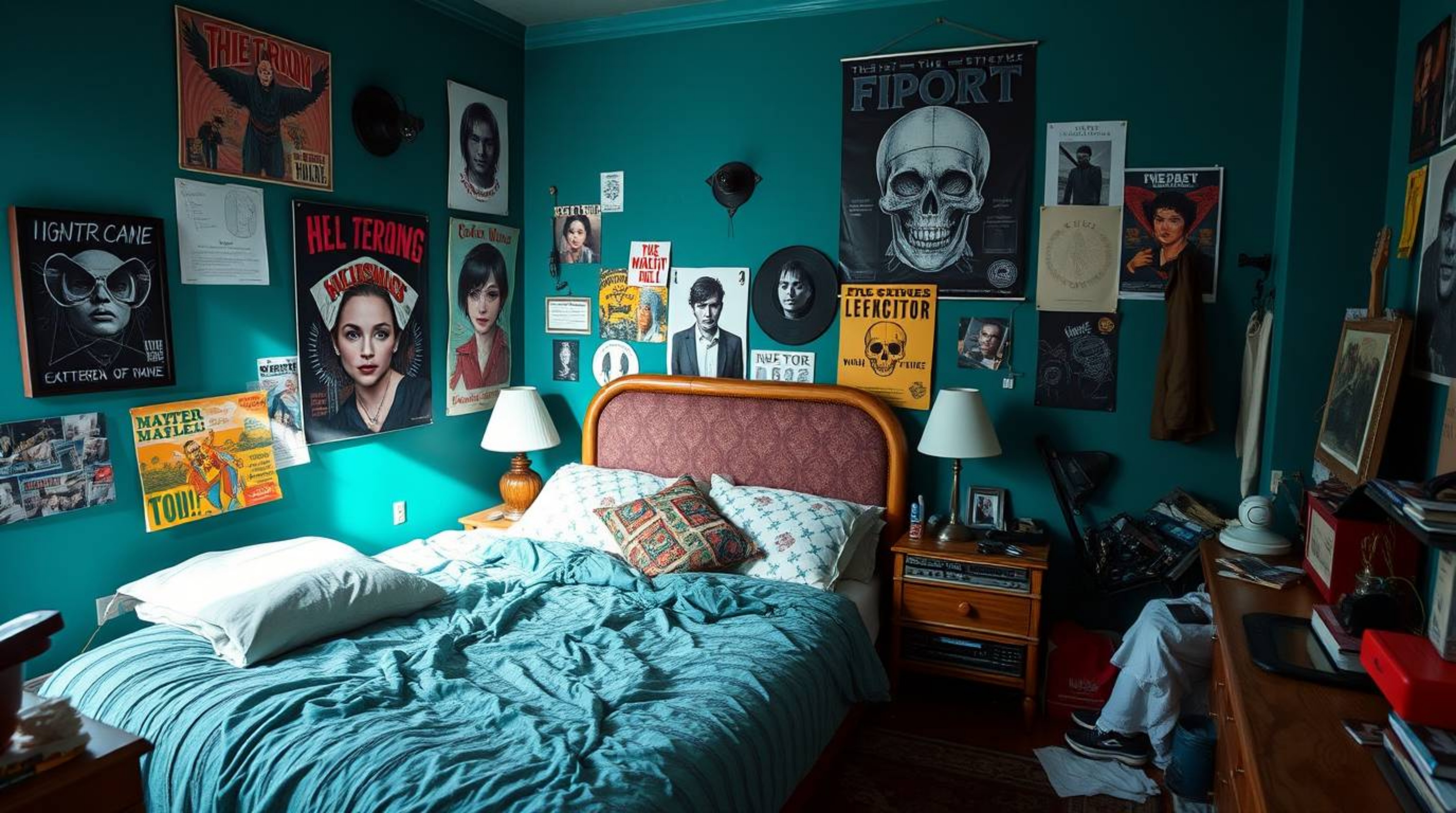 Explore a scene of luxurious, vibrant style centered around a messy bedroom overflowing with unique gadgets and captivating p