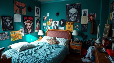Explore a scene of luxurious, vibrant style centered around a messy bedroom overflowing with unique gadgets and captivating p