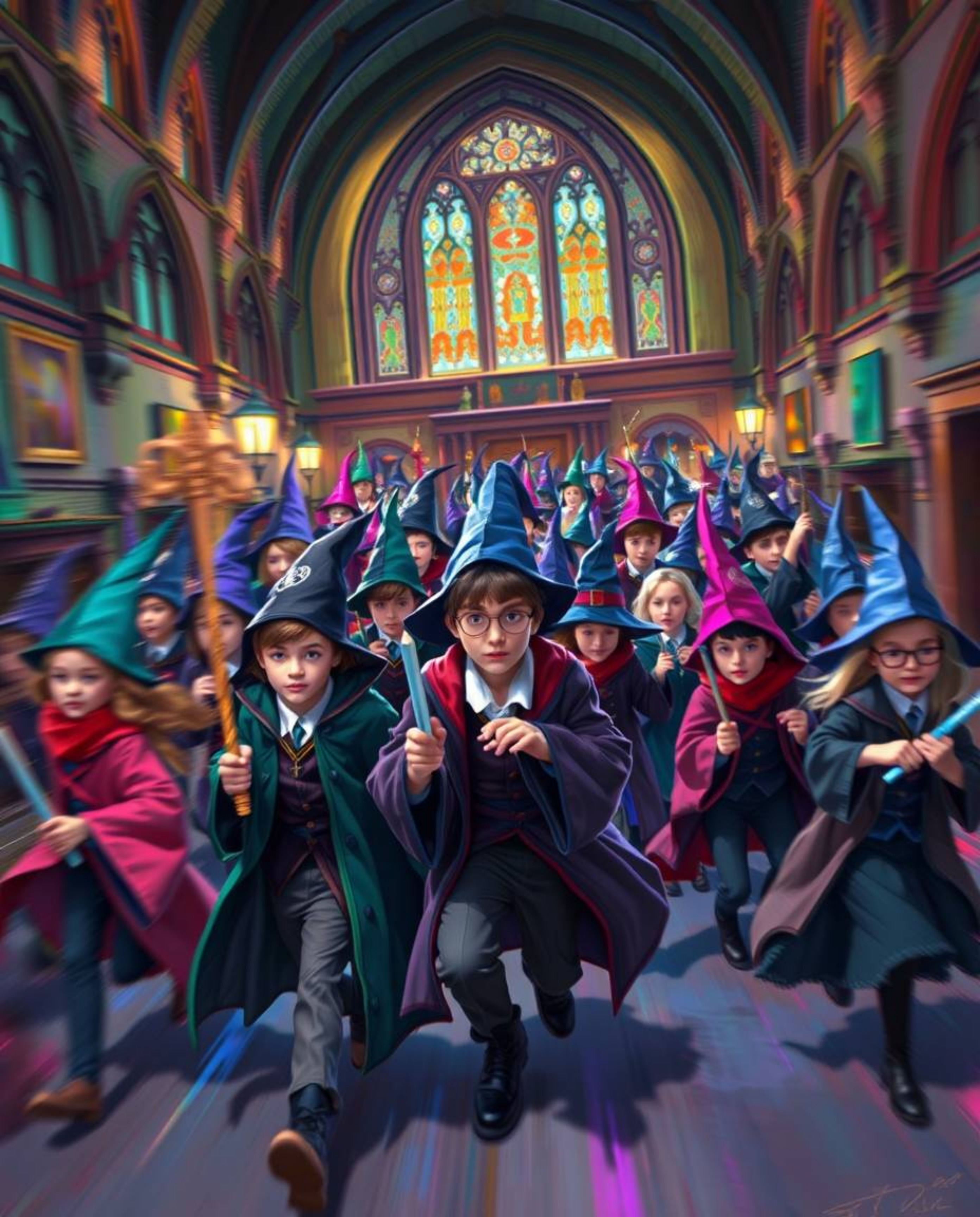 Immerse yourself in a vibrant digital painting depicting a magical school teeming with young wizards. The artwork is rendered