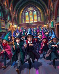 Immerse yourself in a vibrant digital painting depicting a magical school teeming with young wizards. The artwork is rendered