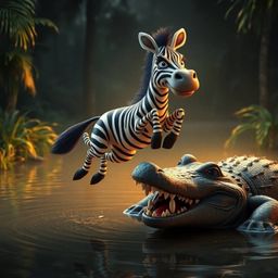 Experience an eerie and creepy atmosphere bathed in a warm golden glow.  A 3D cartoon zebra, looking scared and alert, leaps 