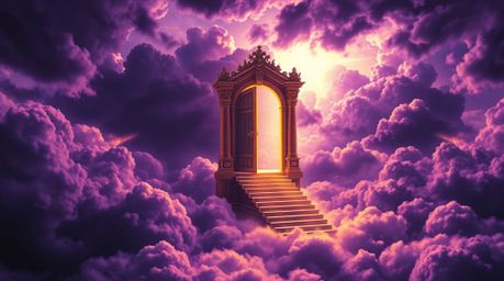 A breathtaking fantasy realism artwork depicting a heavenly gate floating above dramatic, stormy skies.  Intense deep ultravi