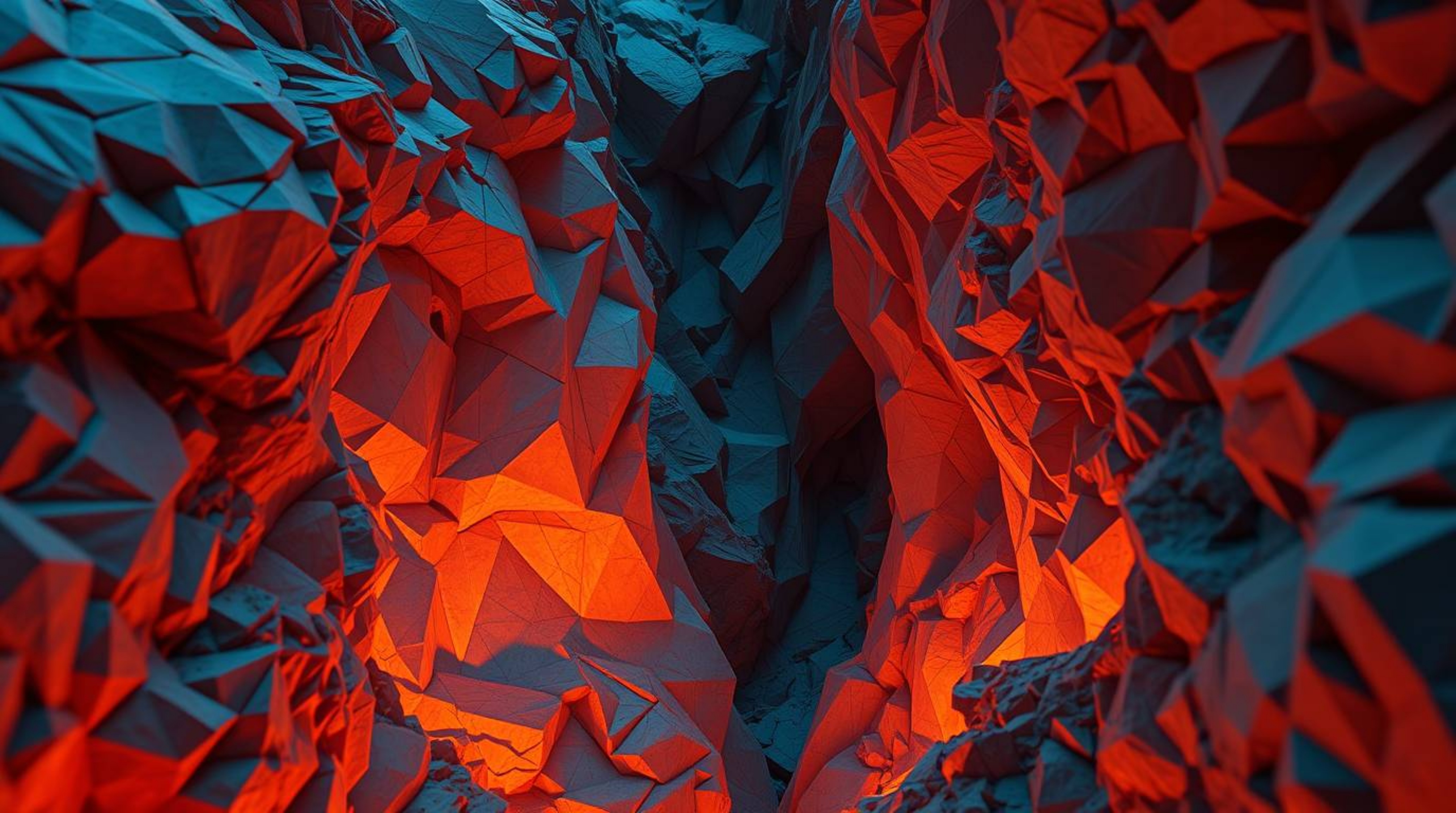 Discover a breathtaking rocky canyon rendered in intricate origami style.  Bioluminescent colors glow within the folded paper