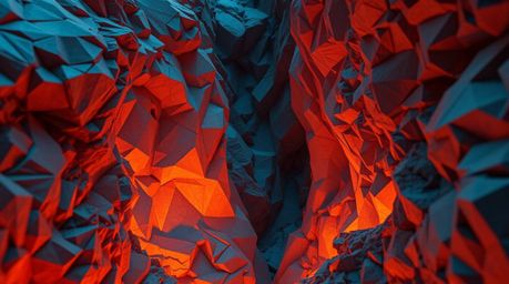 Discover a breathtaking rocky canyon rendered in intricate origami style.  Bioluminescent colors glow within the folded paper