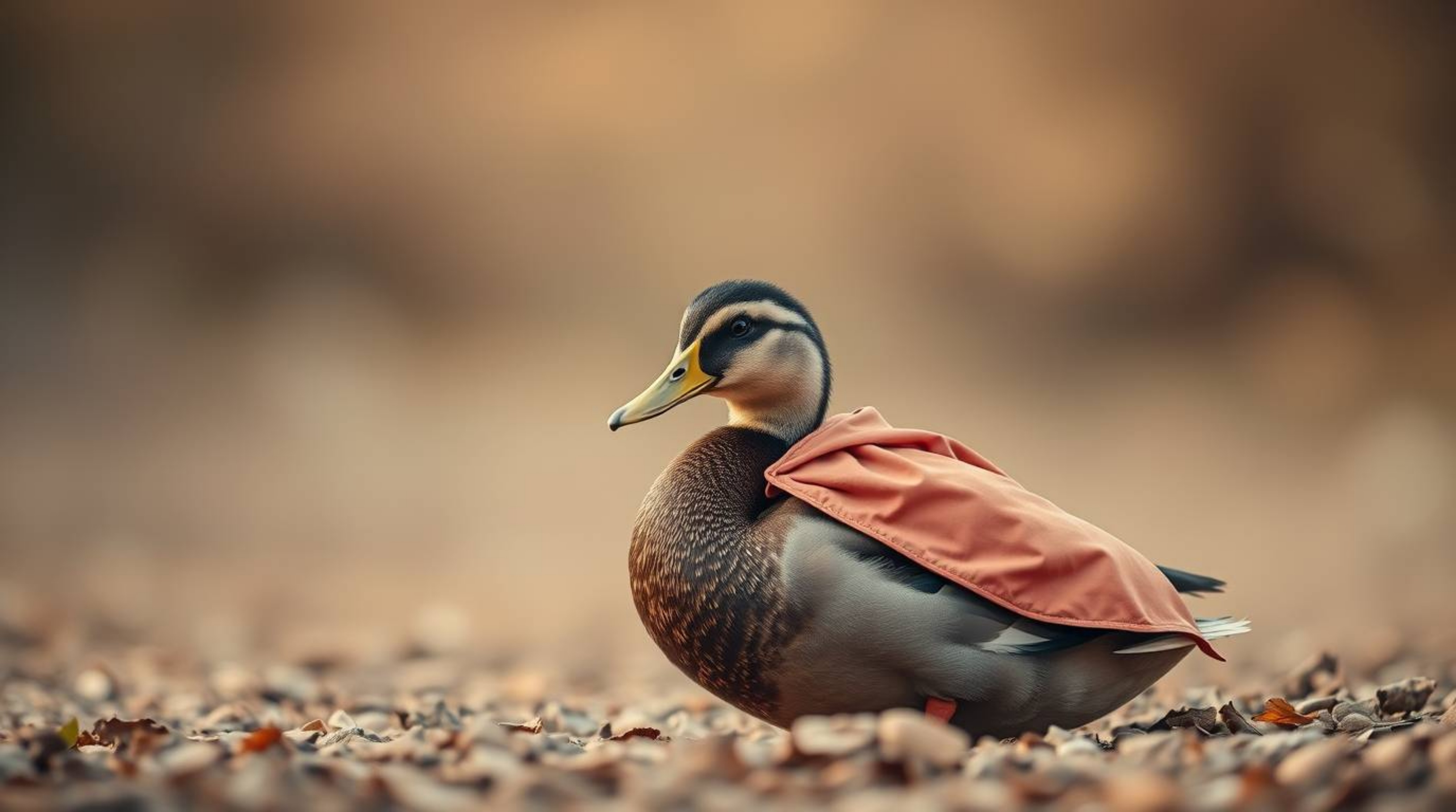 Immerse yourself in a soft and dreamy image featuring a duck in a zany superhero costume, rendered in natural earth tones of 