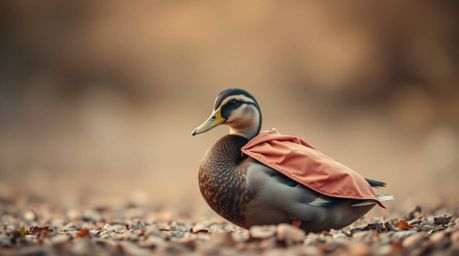 Immerse yourself in a soft and dreamy image featuring a duck in a zany superhero costume, rendered in natural earth tones of 