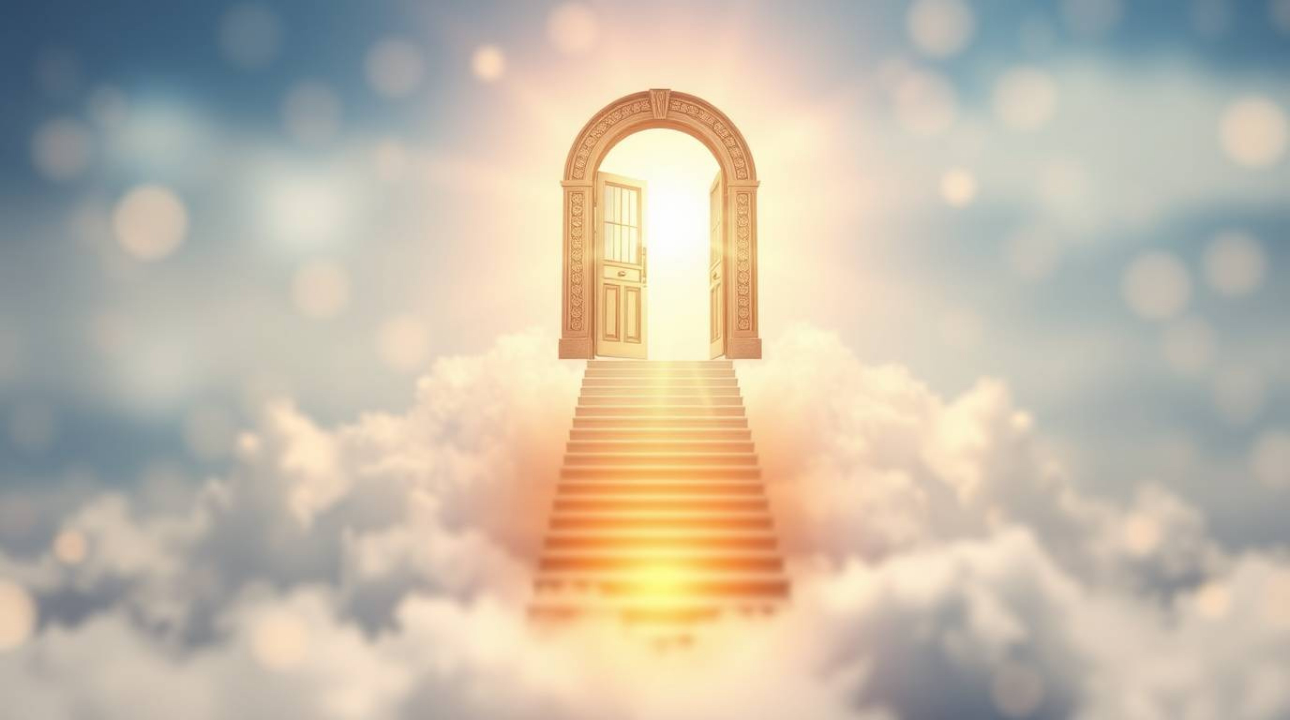 A captivating surreal image depicts a heavenly gate floating amidst ethereal clouds, bathed in golden light.  Stairs lead upw