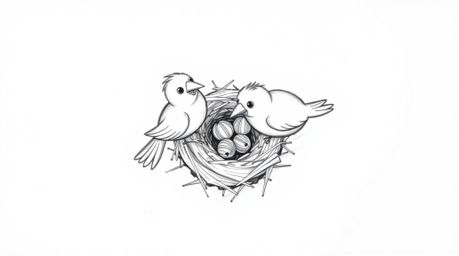 A charming, overhead hand-drawn sketch depicting two cartoon birds in a classic animation style diligently building their nes