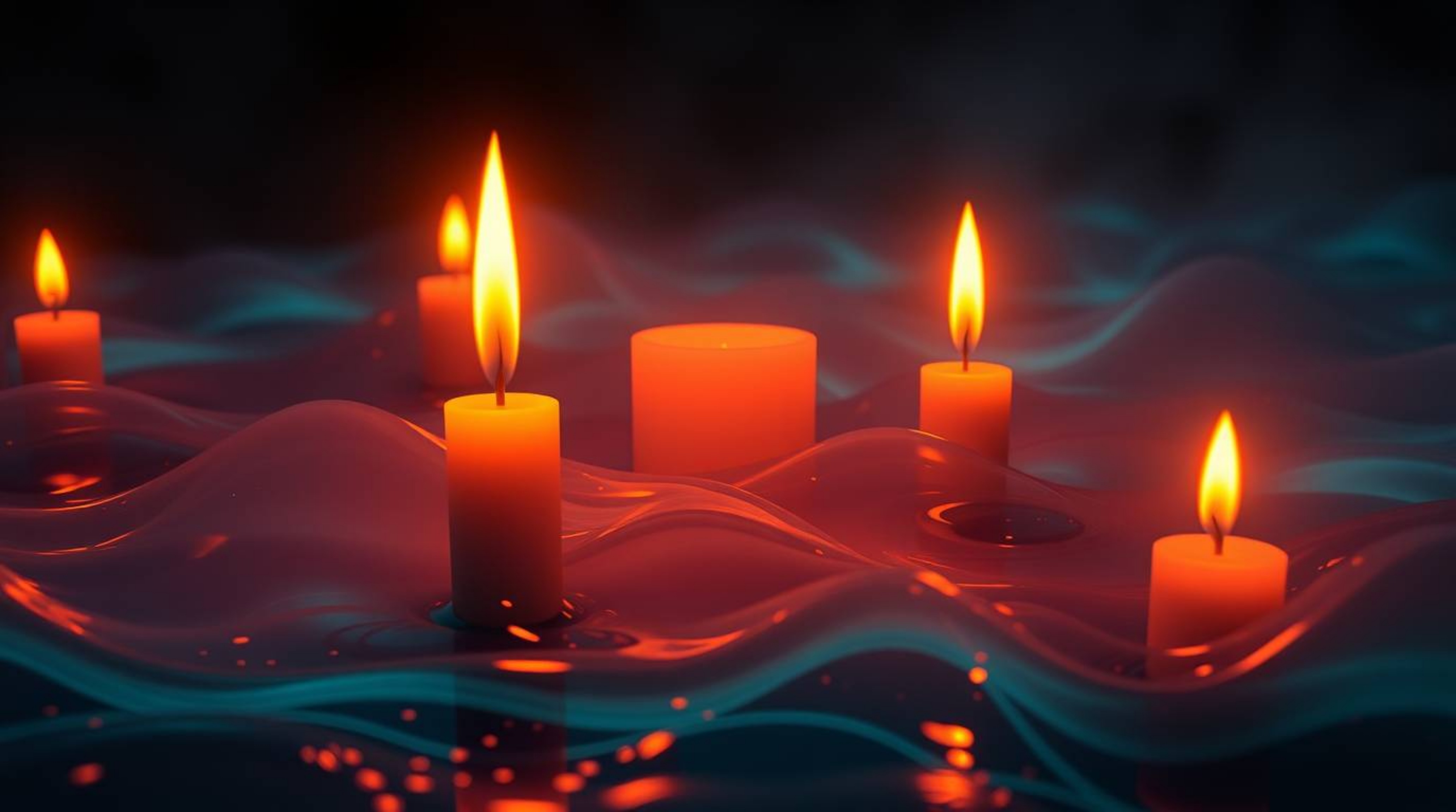 Immerse yourself in an eerie yet captivating digital artwork featuring warm candlelight casting a glow upon neon gradient tex