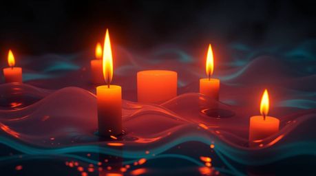 Immerse yourself in an eerie yet captivating digital artwork featuring warm candlelight casting a glow upon neon gradient tex
