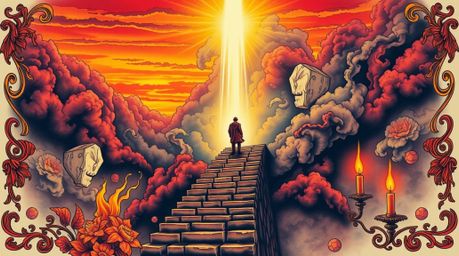 This vibrant, retro-style traditional tattoo art print features a lone figure ascending a stone staircase into a divine light