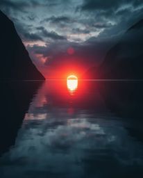 The reflection of a sunset in a glassy fjord is depicted in a strong, moody style. This artwork is characterized by strong ha